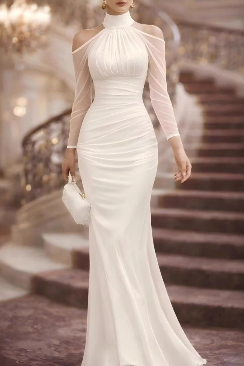 Helena - Halter Cold-Shoulder Sheer Sleeve Maxi Gown