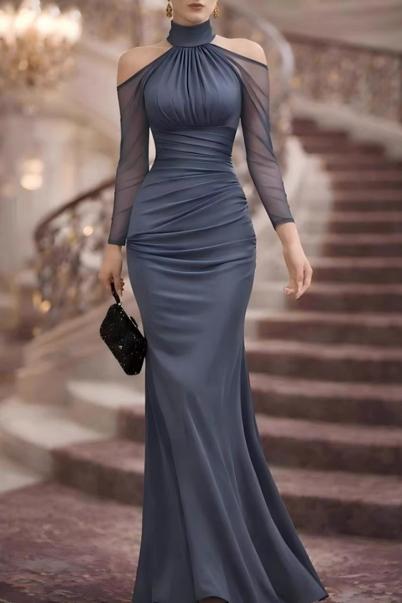Helena - Halter Cold-Shoulder Sheer Sleeve Maxi Gown