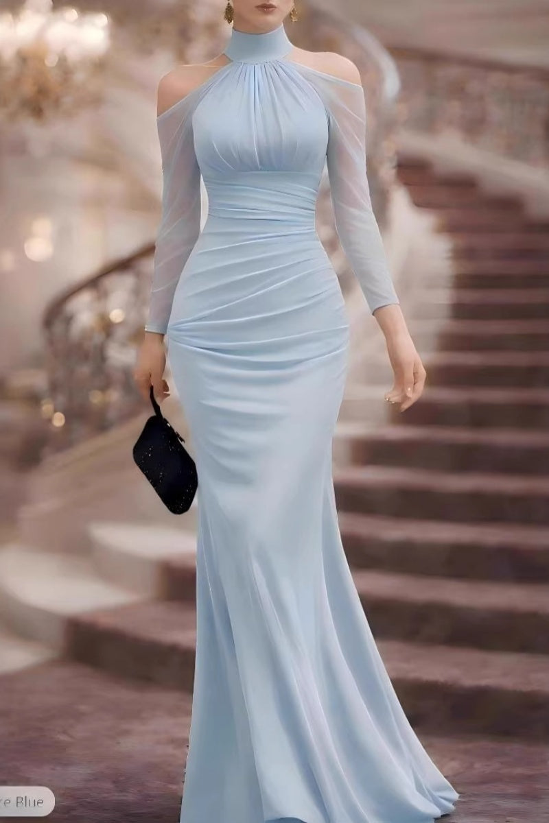 Helena - Halter Cold-Shoulder Sheer Sleeve Maxi Gown