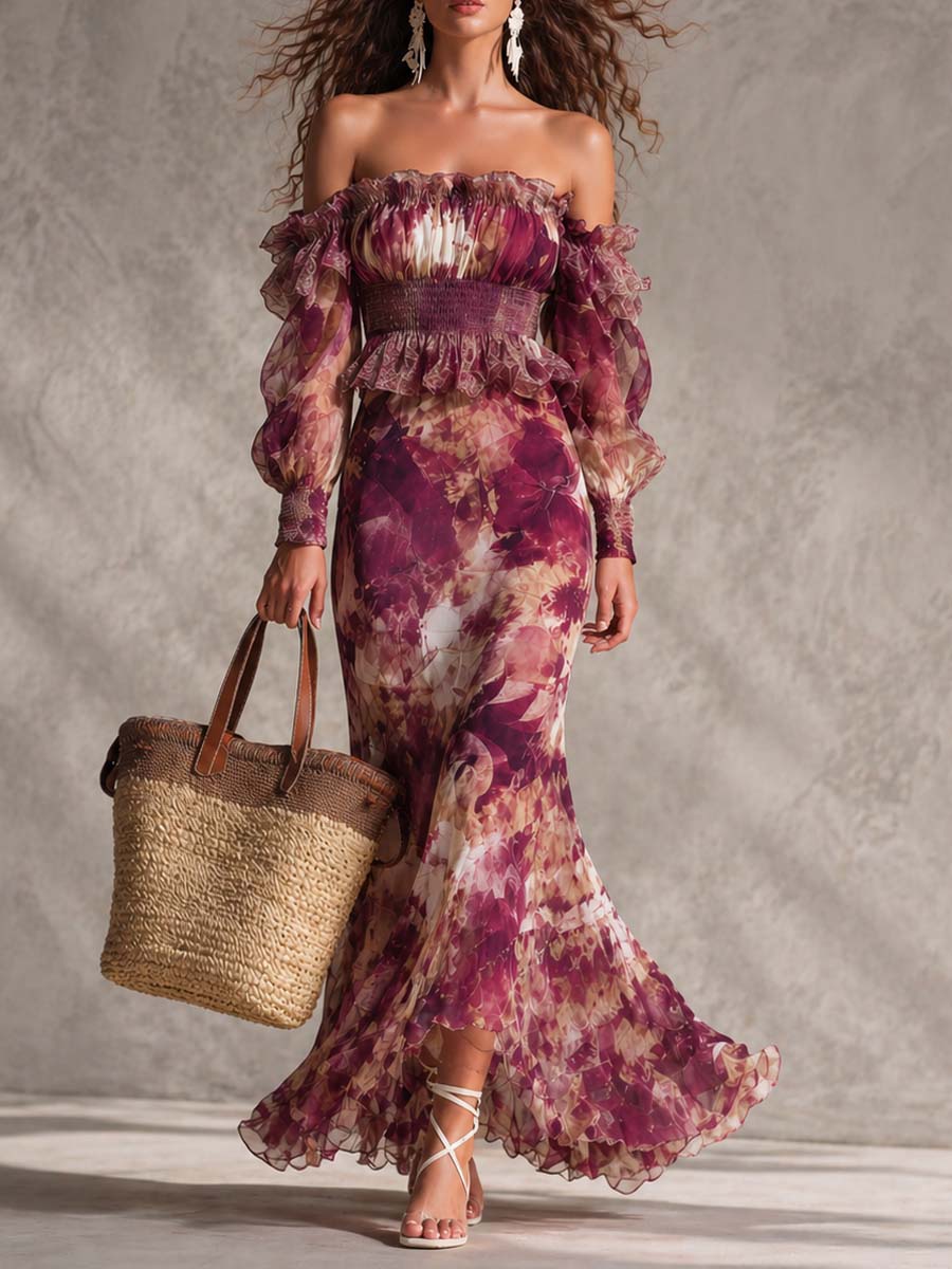 Rosa - Pink Floral Off-Shoulder Chiffon Maxi Dress