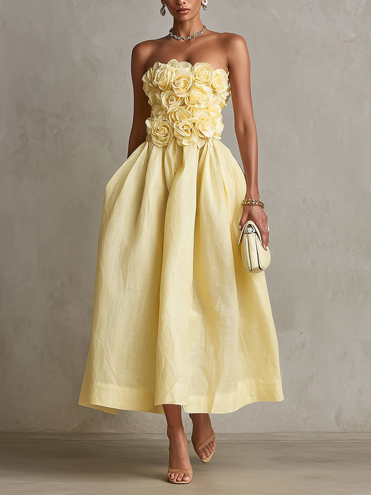 Yarra - Yellow 3D Flower Strapless Midi Dress