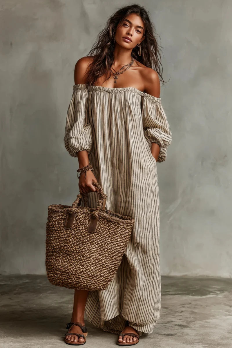 Bella - Beige Stripe Off-Shoulder Linen-Blend Maxi Dress