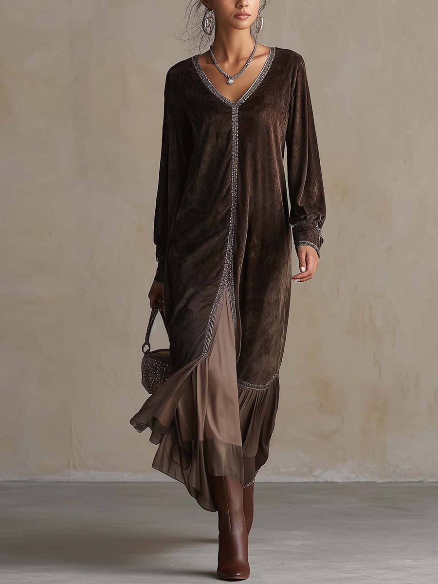 Sem - Elegant Faux Suede Loose Midi Dress with V-Neck and Binding Detail