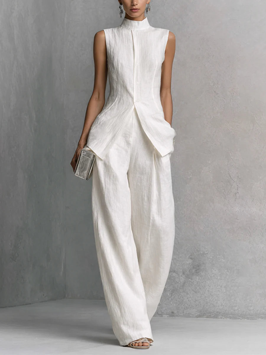 Deb - White Linen-Cotton Sleeveless Top & Wide-Leg Pant Set