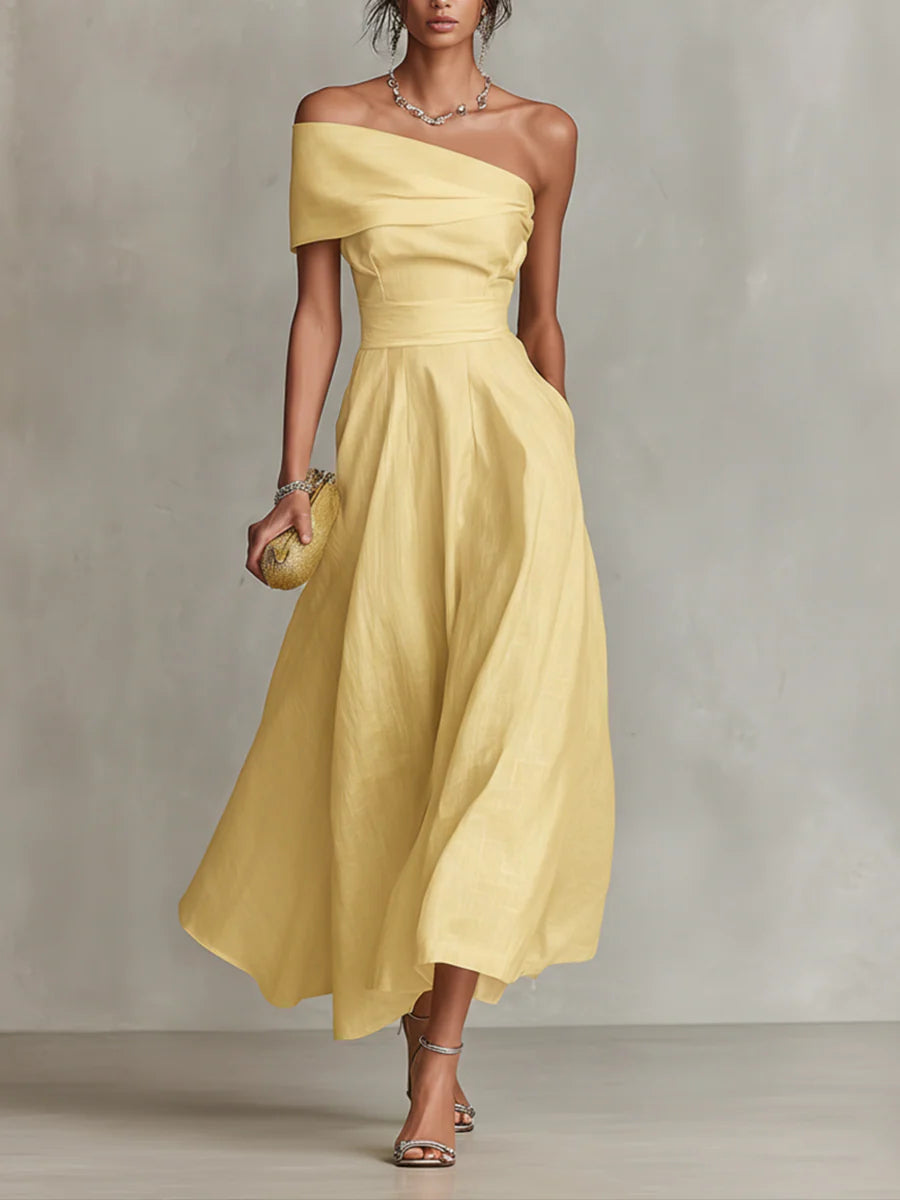 Jenna - Yellow Linen One-Shoulder Maxi Dress