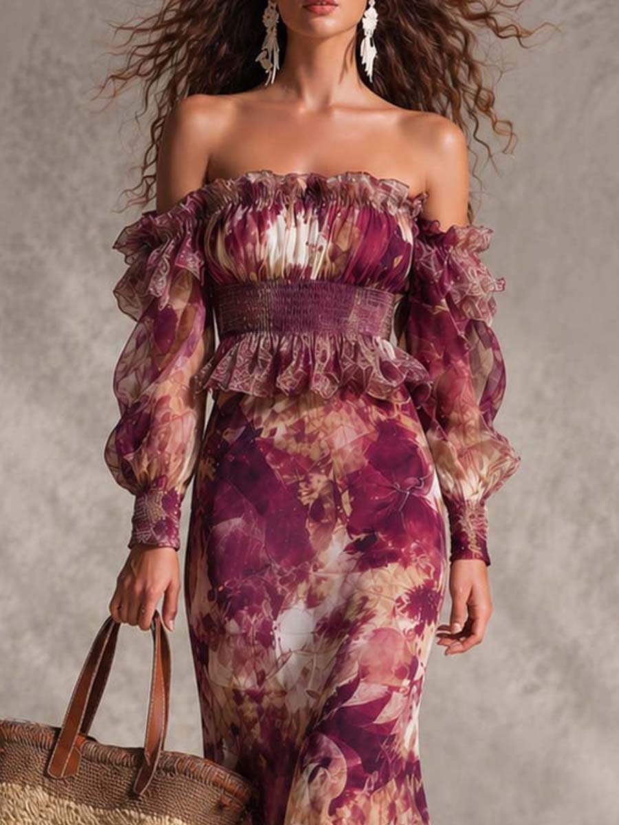 Rosa - Pink Floral Off-Shoulder Chiffon Maxi Dress