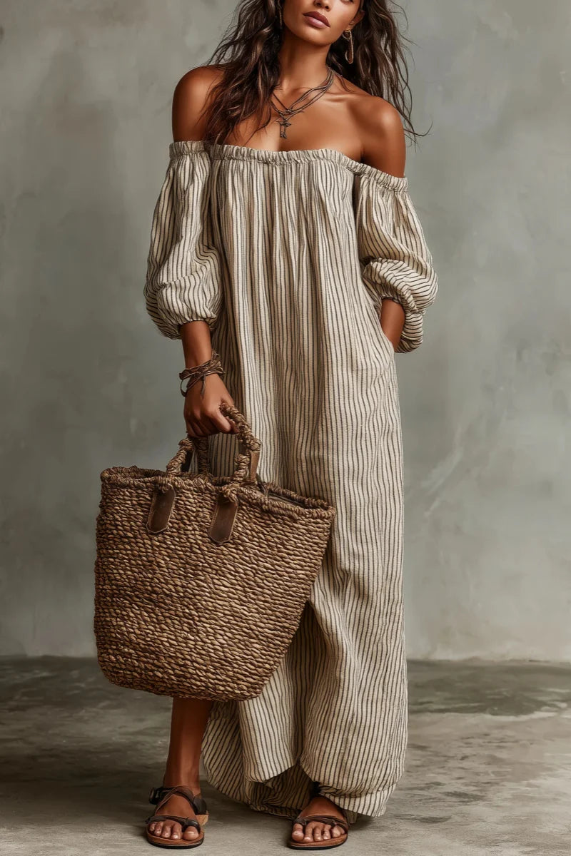 Bella - Beige Stripe Off-Shoulder Linen-Blend Maxi Dress