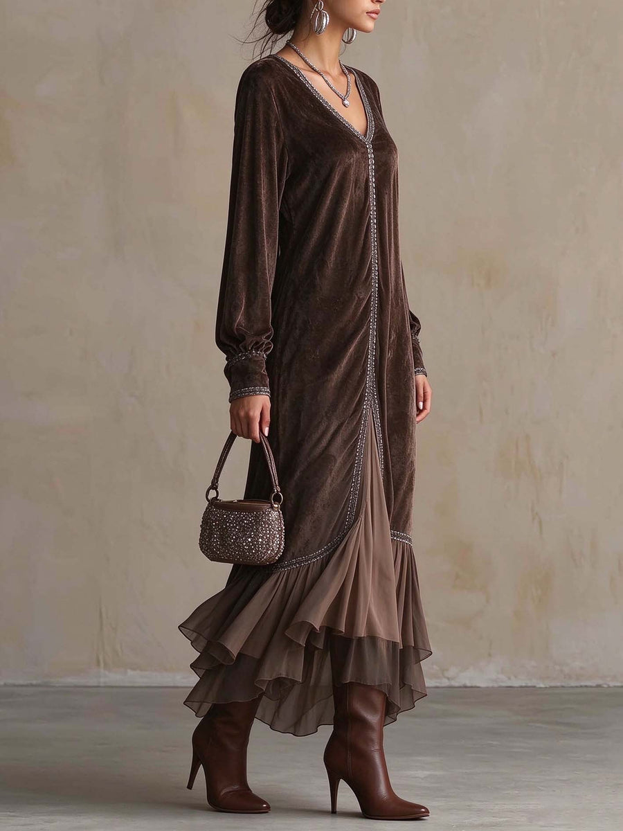 Sem - Elegant Faux Suede Loose Midi Dress with V-Neck and Binding Detail