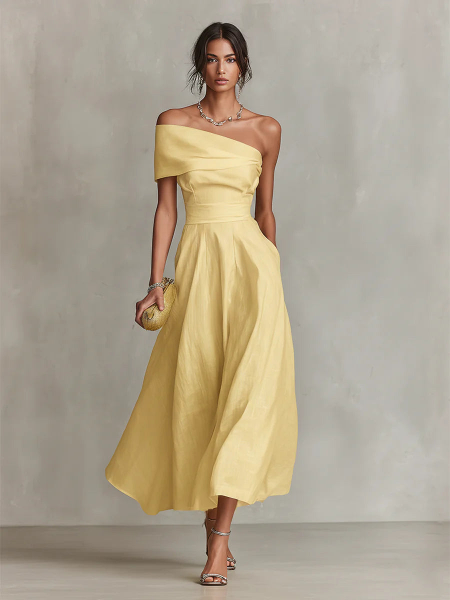 Jenna - Yellow Linen One-Shoulder Maxi Dress