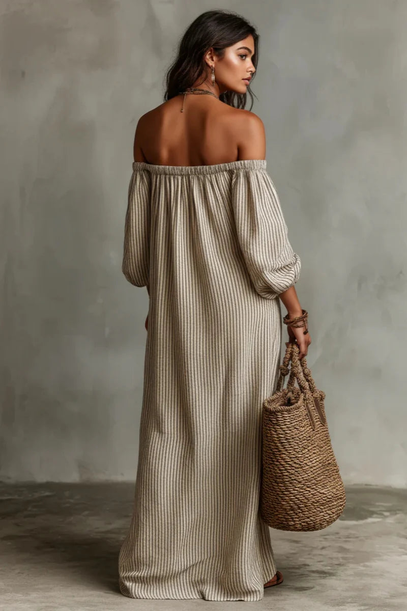 Bella - Beige Stripe Off-Shoulder Linen-Blend Maxi Dress