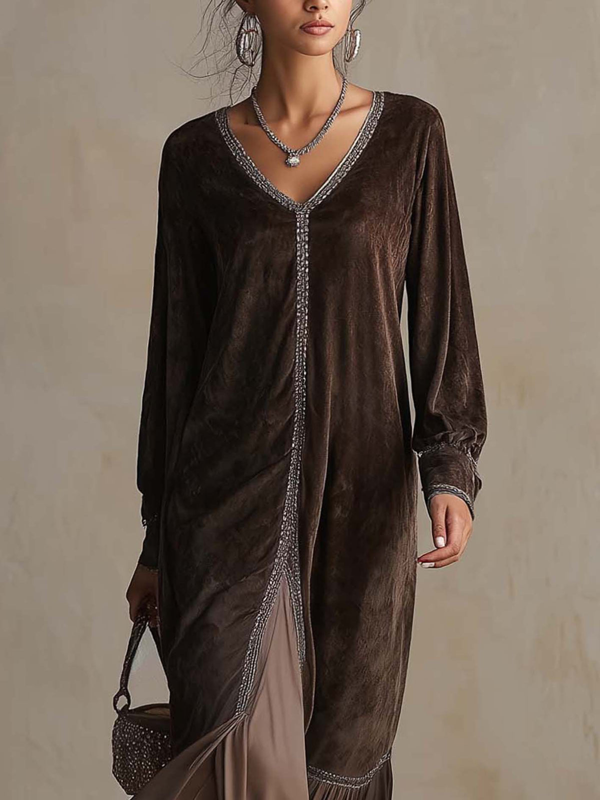 Sem - Elegant Faux Suede Loose Midi Dress with V-Neck and Binding Detail