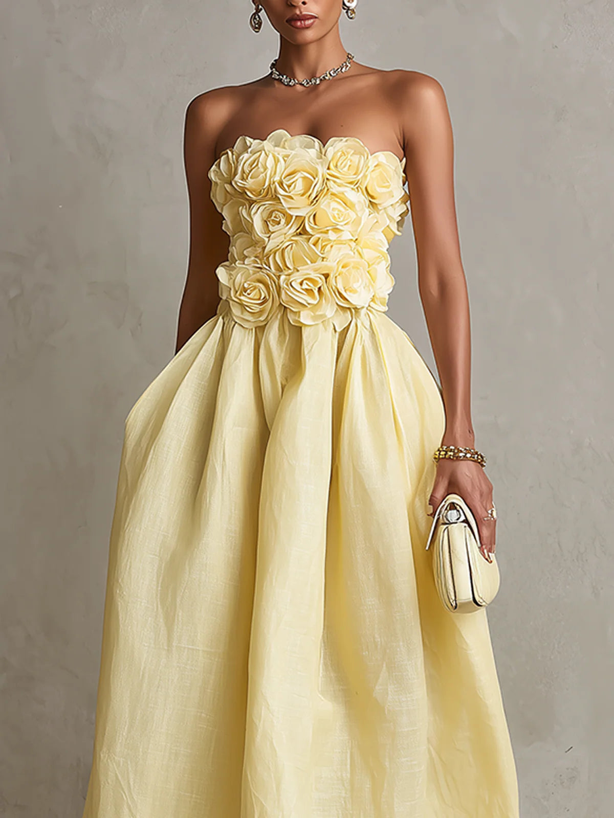 Yarra - Yellow 3D Flower Strapless Midi Dress