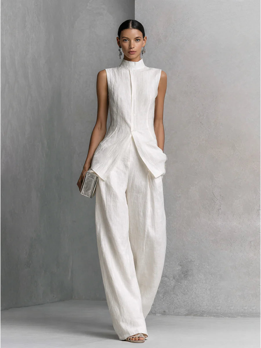 Deb - White Linen-Cotton Sleeveless Top & Wide-Leg Pant Set