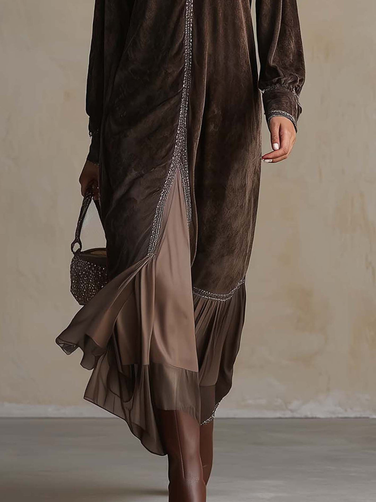 Sem - Elegant Faux Suede Loose Midi Dress with V-Neck and Binding Detail
