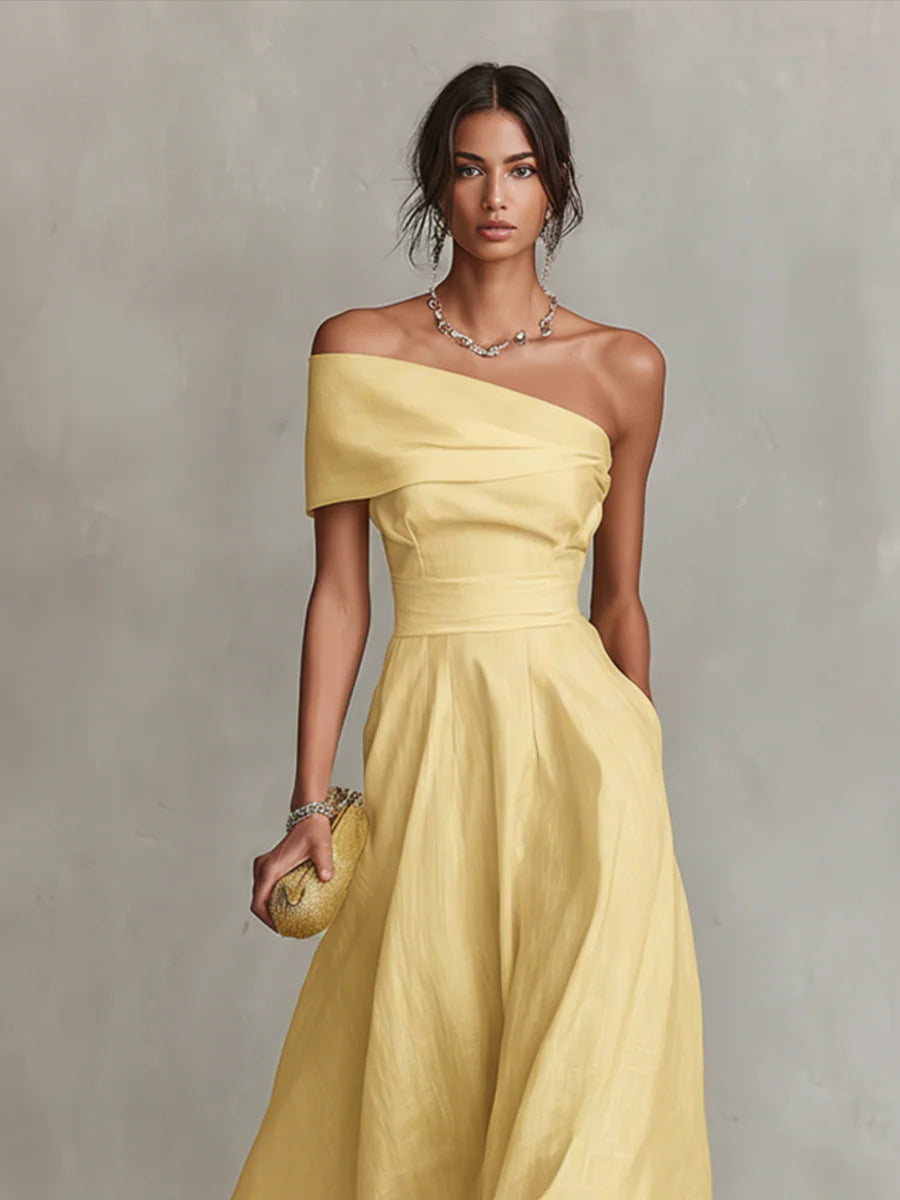 Jenna - Yellow Linen One-Shoulder Maxi Dress