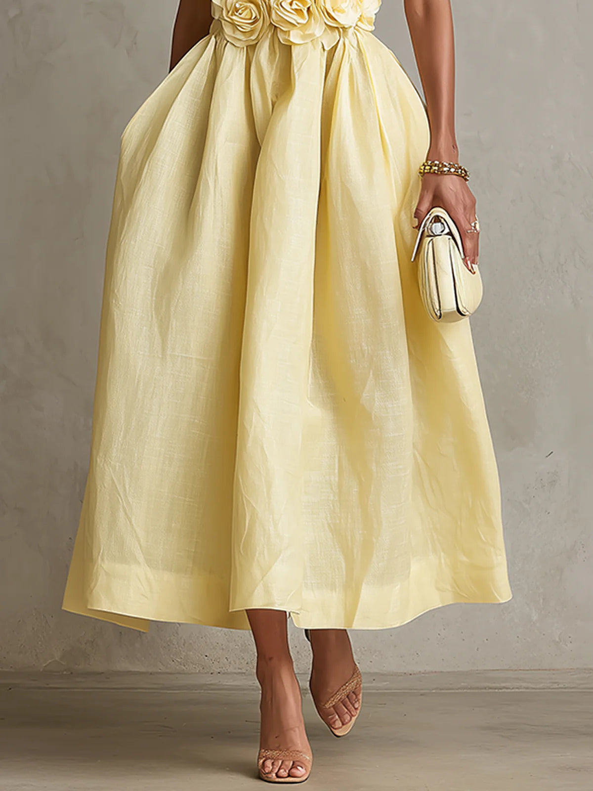 Yarra - Yellow 3D Flower Strapless Midi Dress