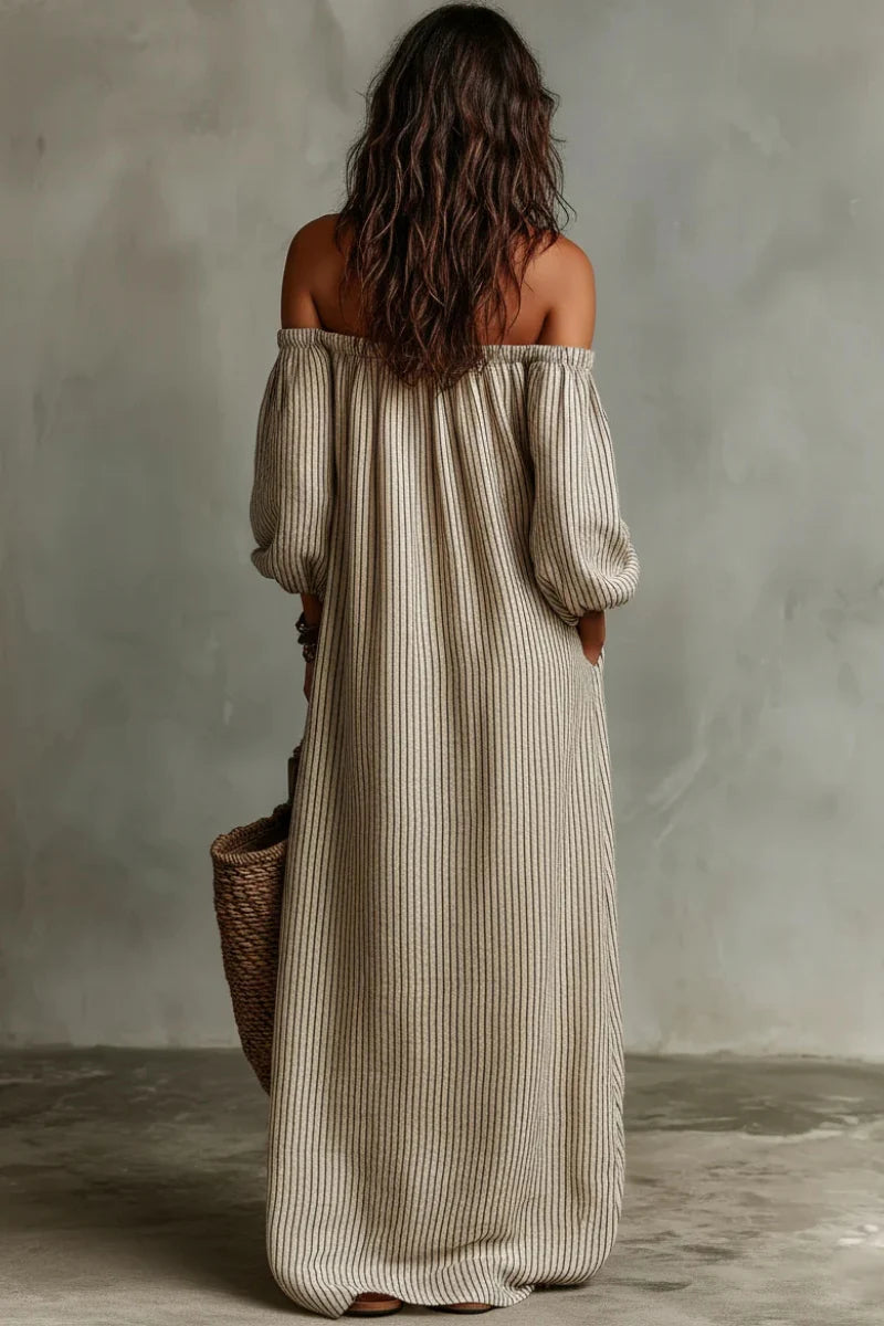 Bella - Beige Stripe Off-Shoulder Linen-Blend Maxi Dress