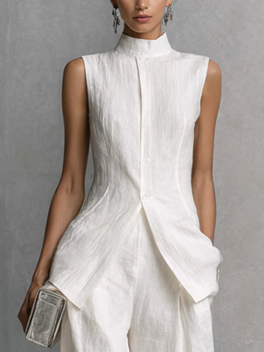 Deb - White Linen-Cotton Sleeveless Top & Wide-Leg Pant Set