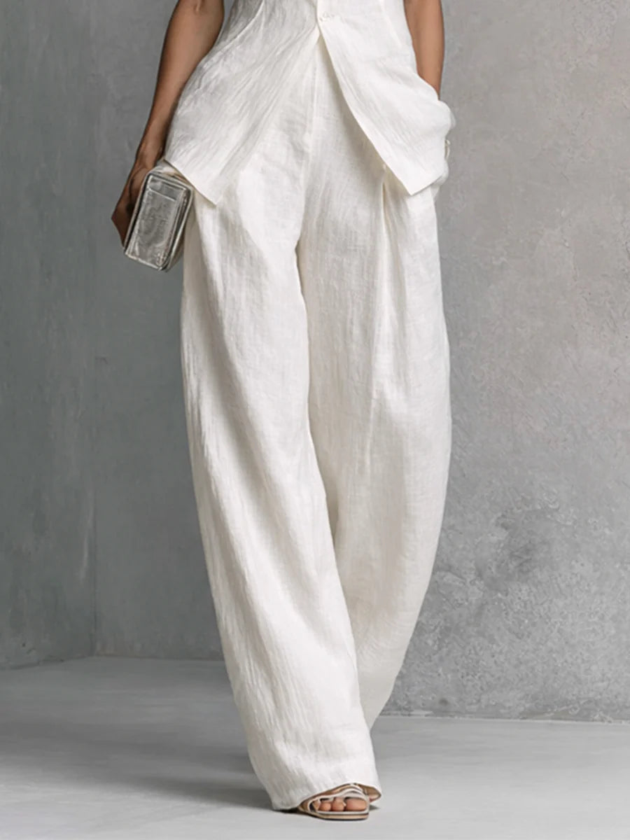 Deb - White Linen-Cotton Sleeveless Top & Wide-Leg Pant Set
