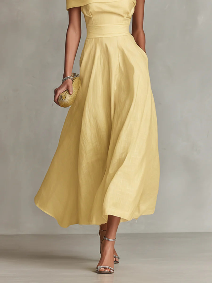 Jenna - Yellow Linen One-Shoulder Maxi Dress