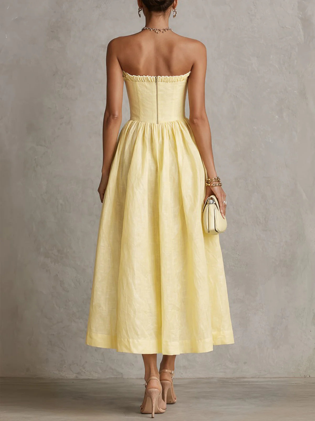 Yarra - Yellow 3D Flower Strapless Midi Dress