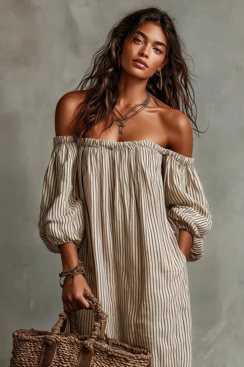 Bella - Beige Stripe Off-Shoulder Linen-Blend Maxi Dress