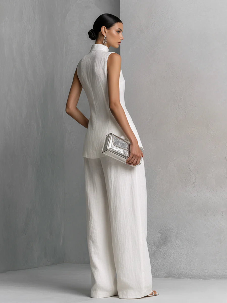 Deb - White Linen-Cotton Sleeveless Top & Wide-Leg Pant Set