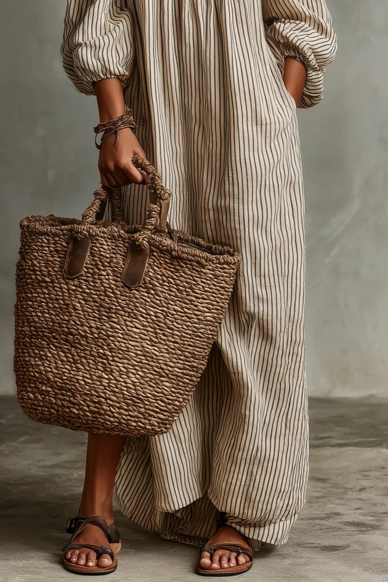 Bella - Beige Stripe Off-Shoulder Linen-Blend Maxi Dress