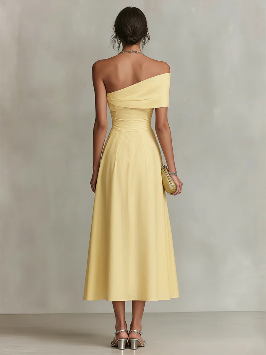 Jenna - Yellow Linen One-Shoulder Maxi Dress