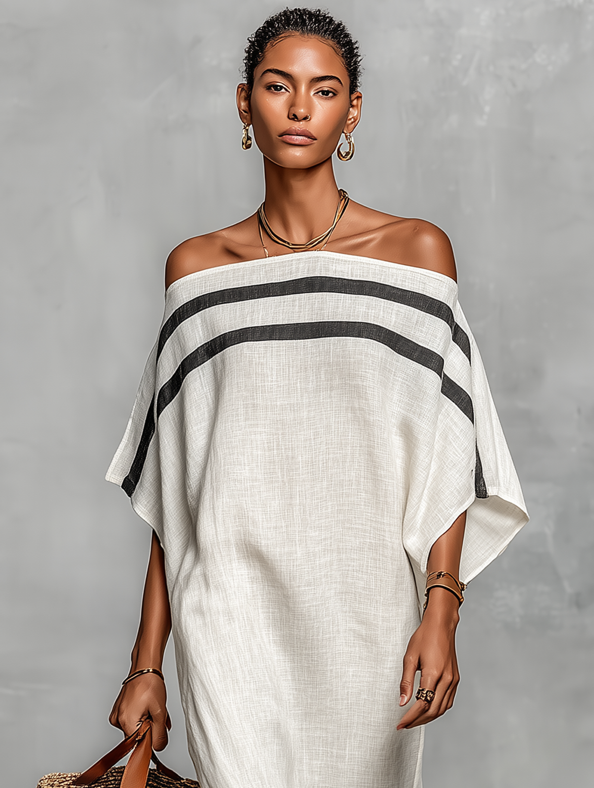 Mandy - minimalist Linen-Blend Off-Shoulder Batwing Maxi Dress