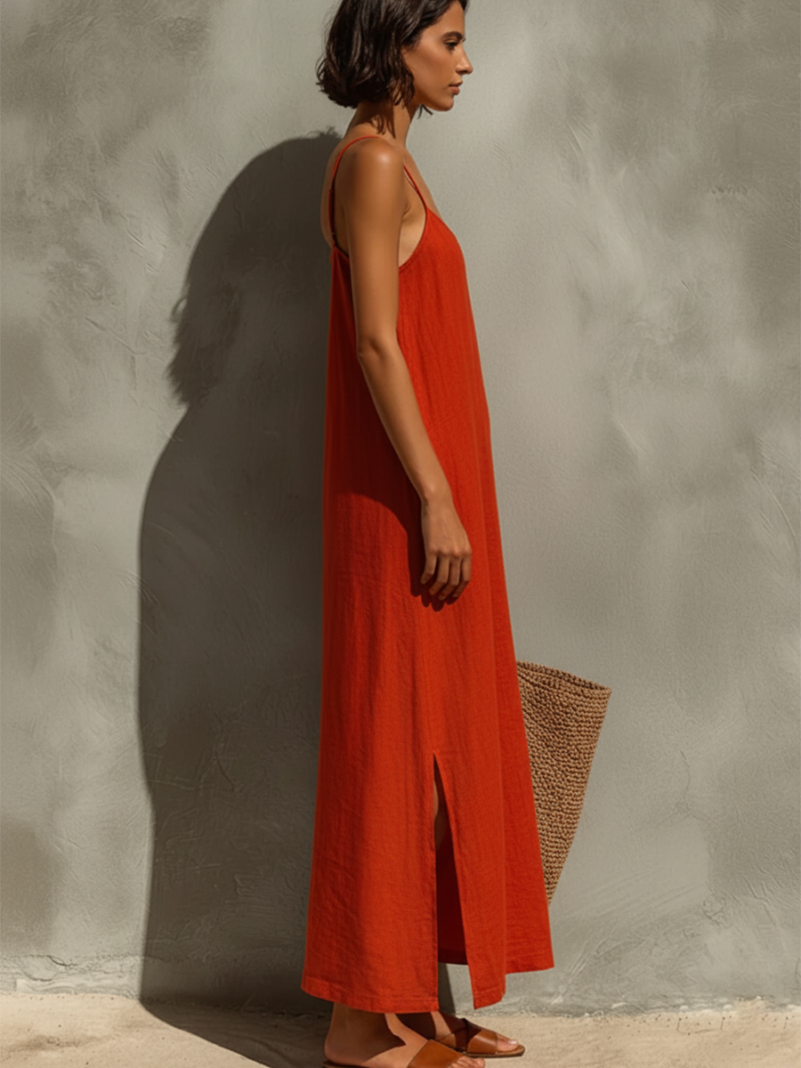 Nadine - Red Cotton Square Neck Spaghetti Strap Dress