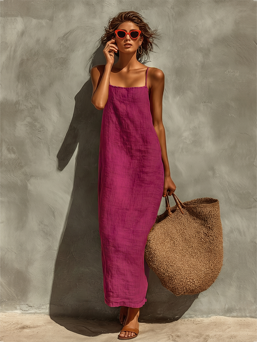 Nadine - Red Cotton Square Neck Spaghetti Strap Dress