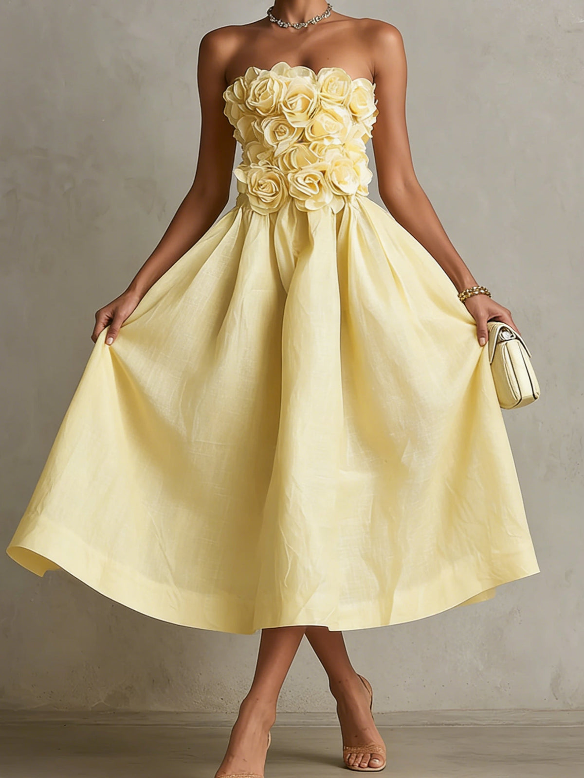Yarra - Yellow 3D Flower Strapless Midi Dress