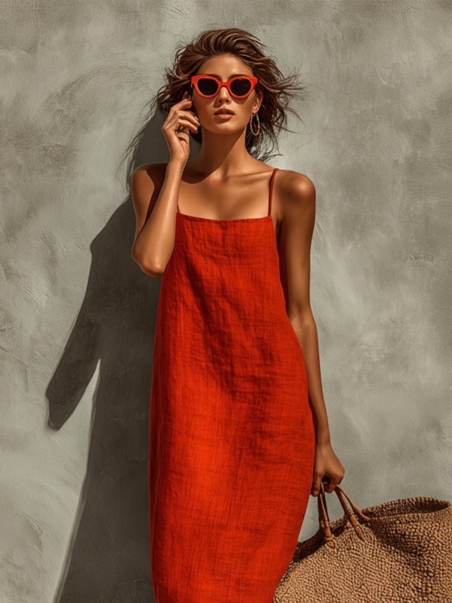 Nadine - Red Cotton Square Neck Spaghetti Strap Dress