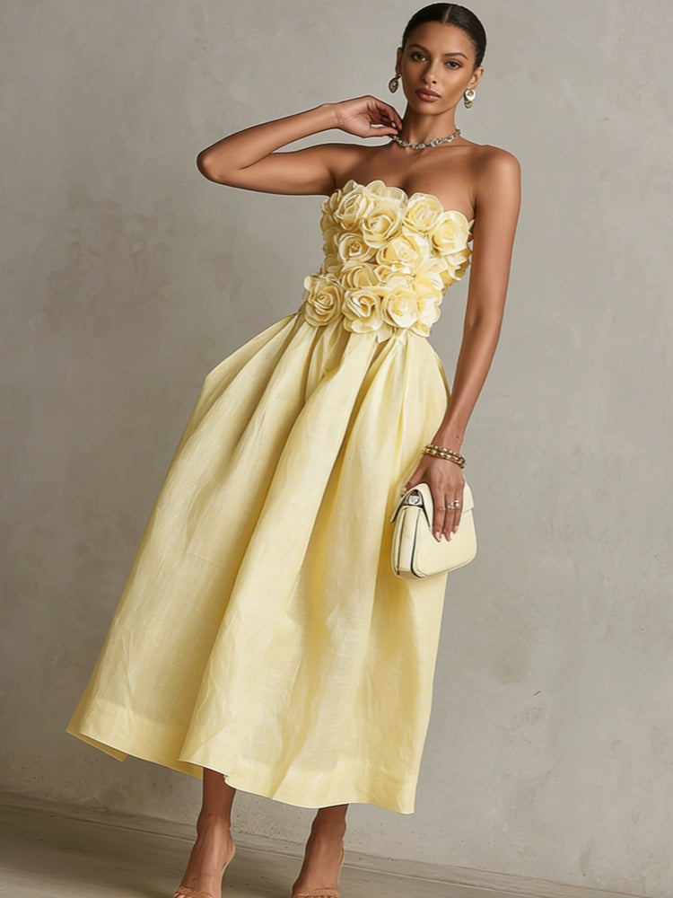 Yarra - Yellow 3D Flower Strapless Midi Dress