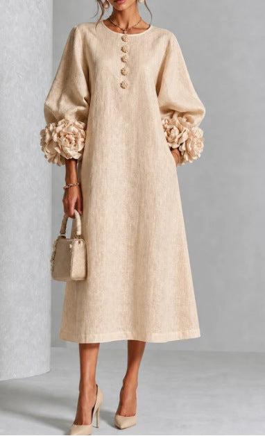 Ivy - Floral Midi Dress with Rose-Cuff Sleeves