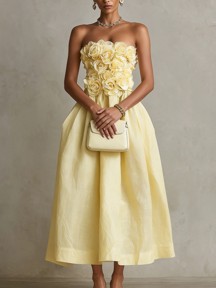 Yarra - Yellow 3D Flower Strapless Midi Dress
