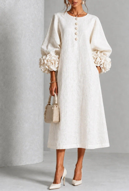 Ivy - Floral Midi Dress with Rose-Cuff Sleeves