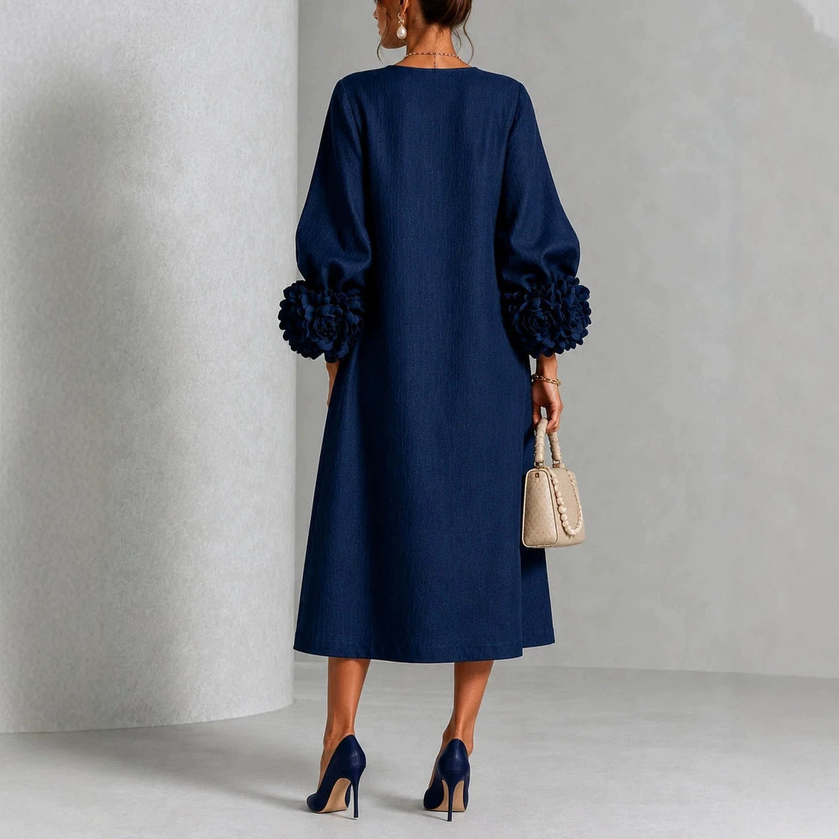 Ivy - Floral Midi Dress with Rose-Cuff Sleeves
