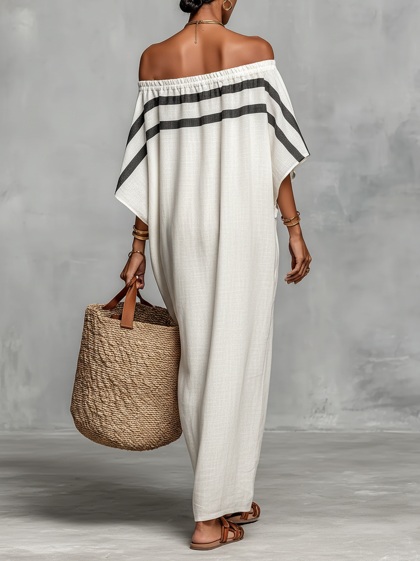Mandy - minimalist Linen-Blend Off-Shoulder Batwing Maxi Dress
