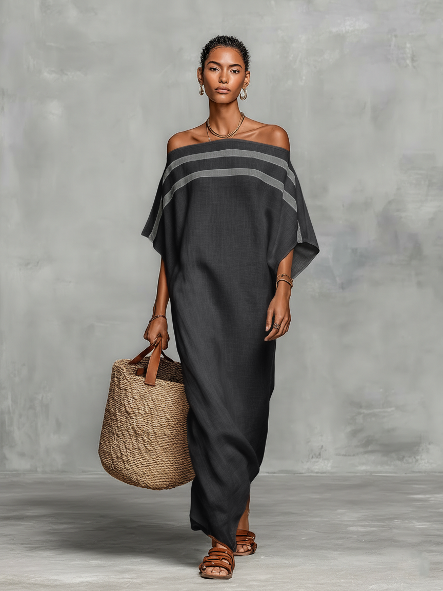 Mandy - minimalist Linen-Blend Off-Shoulder Batwing Maxi Dress