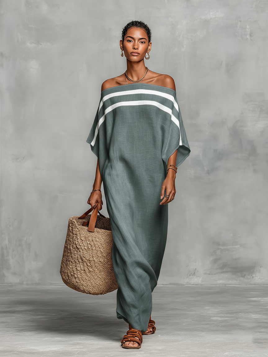 Mandy - minimalist Linen-Blend Off-Shoulder Batwing Maxi Dress
