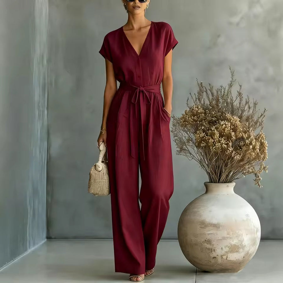 Marina - Flowing Belted Wide-Leg Jumpsuit