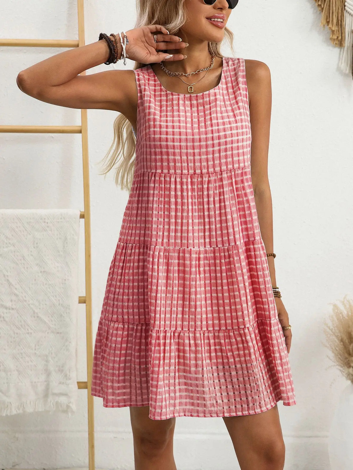 Wendy – Breezy Plaid Ruffled Sleeveless Dress