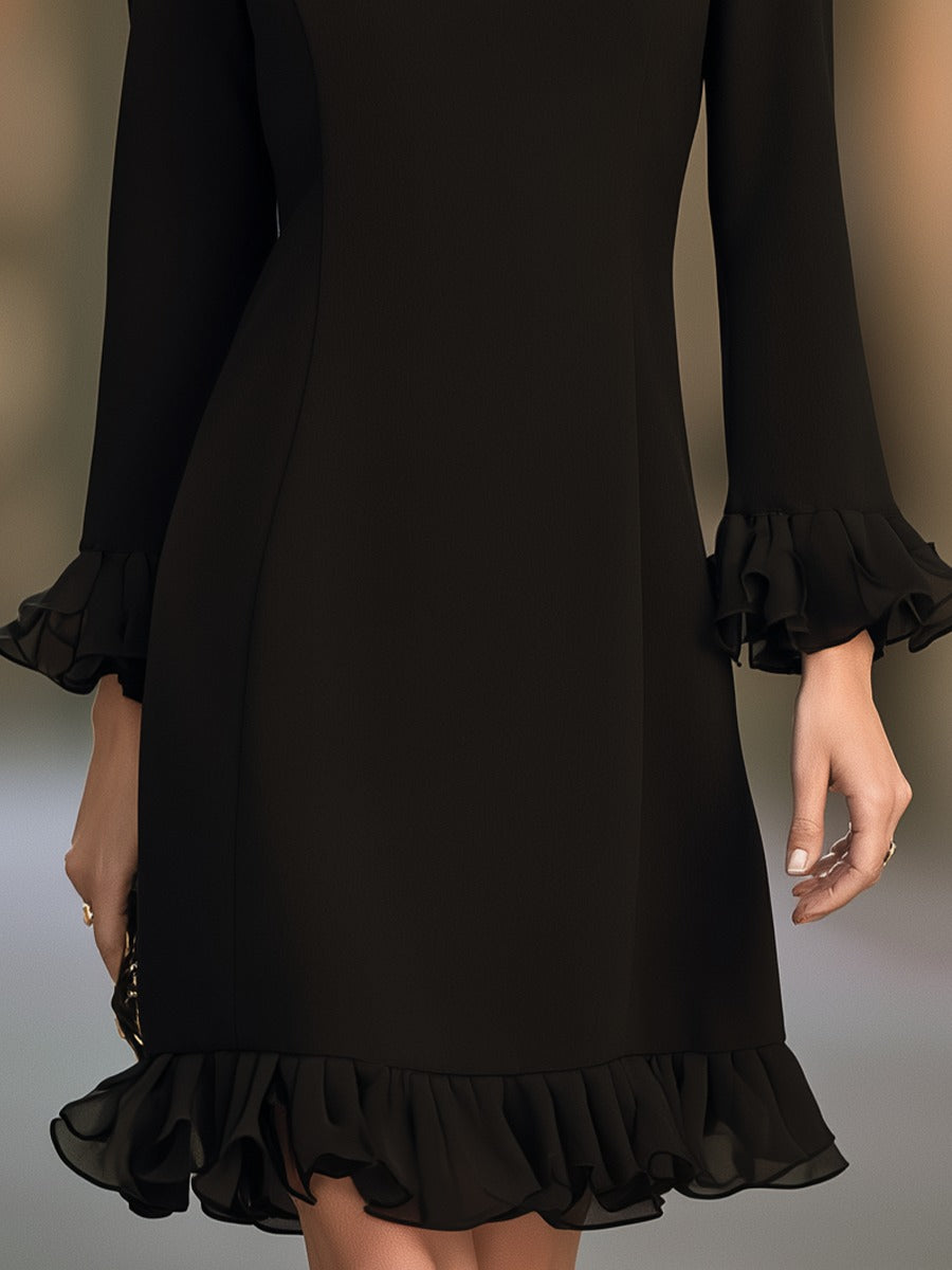 Bianca - Black V-neck Flared Long-sleeved Ruffle Mini Dress