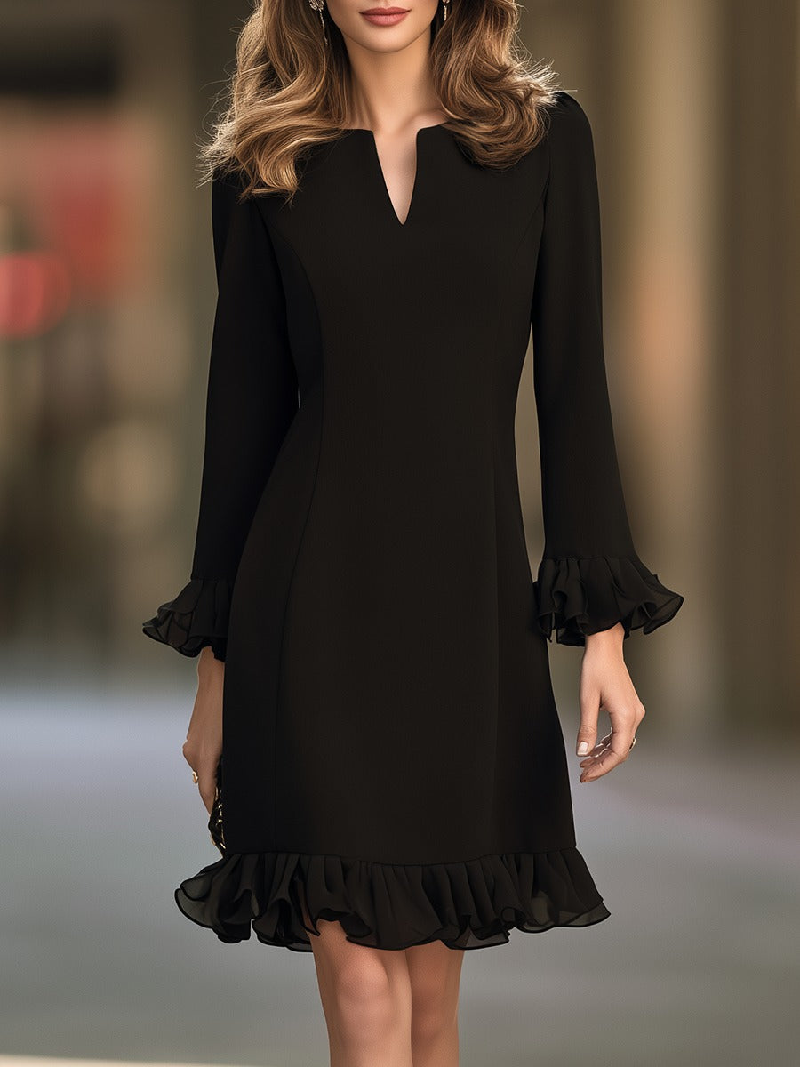 Bianca - Black V-neck Flared Long-sleeved Ruffle Mini Dress