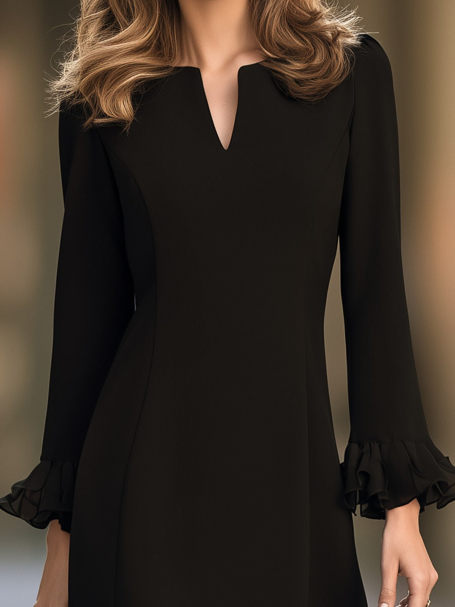Bianca - Black V-neck Flared Long-sleeved Ruffle Mini Dress
