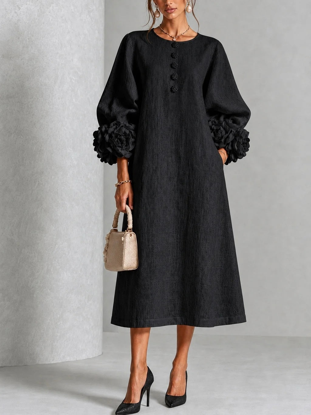 Ivy - Floral Midi Dress with Rose-Cuff Sleeves