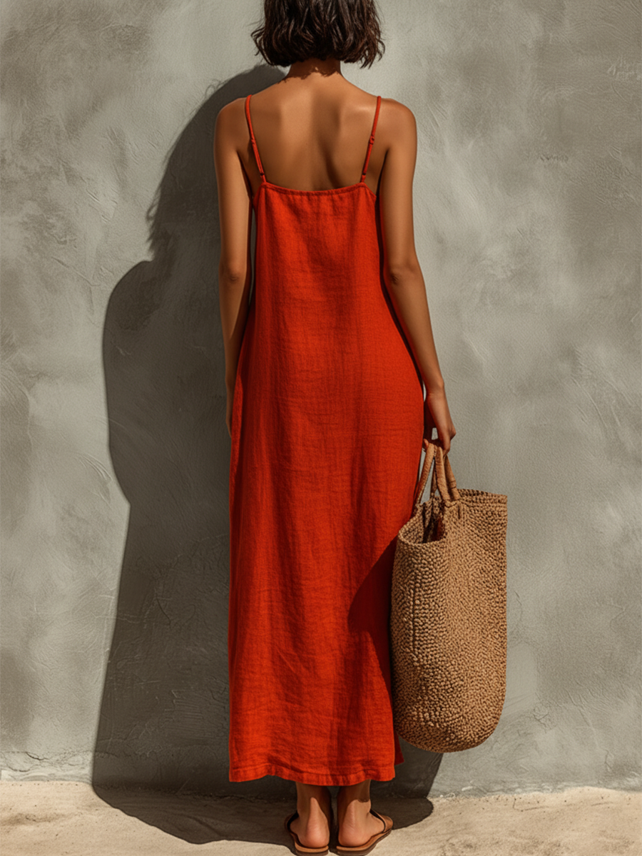 Nadine - Red Cotton Square Neck Spaghetti Strap Dress