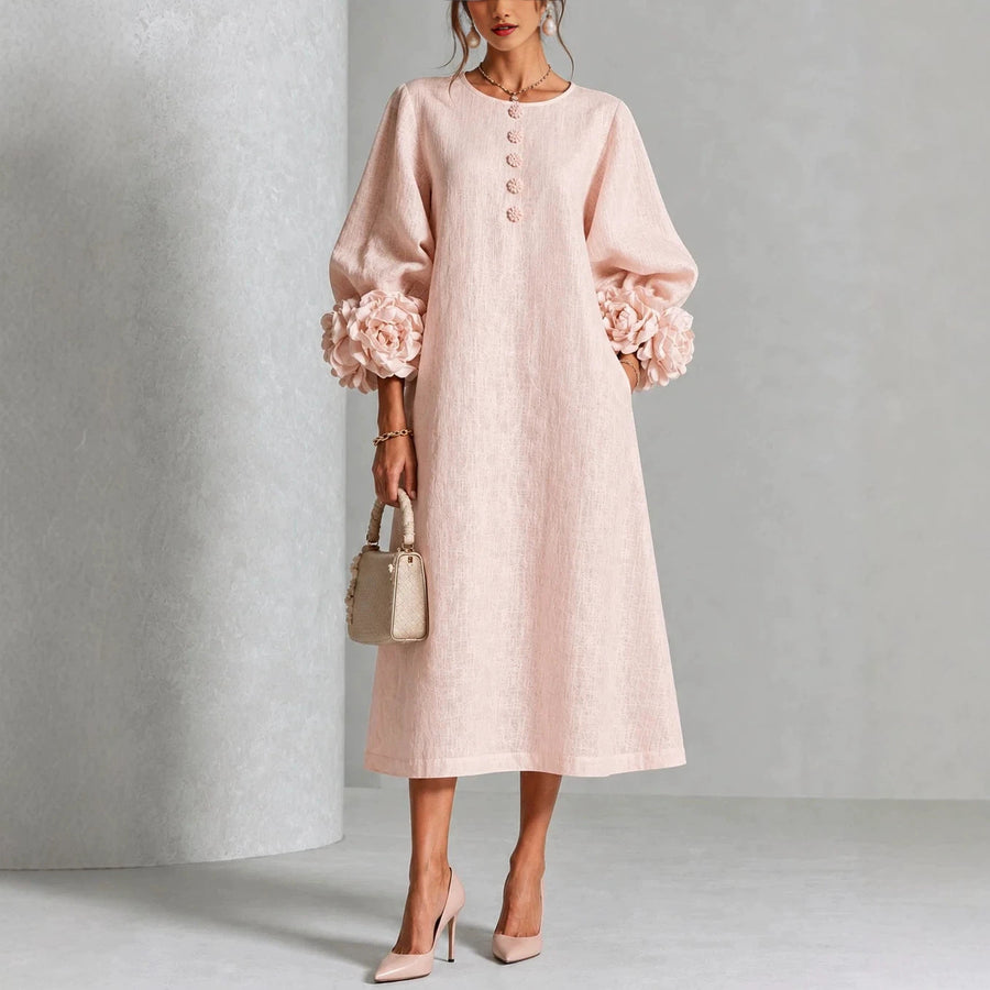 Ivy - Floral Midi Dress with Rose-Cuff Sleeves